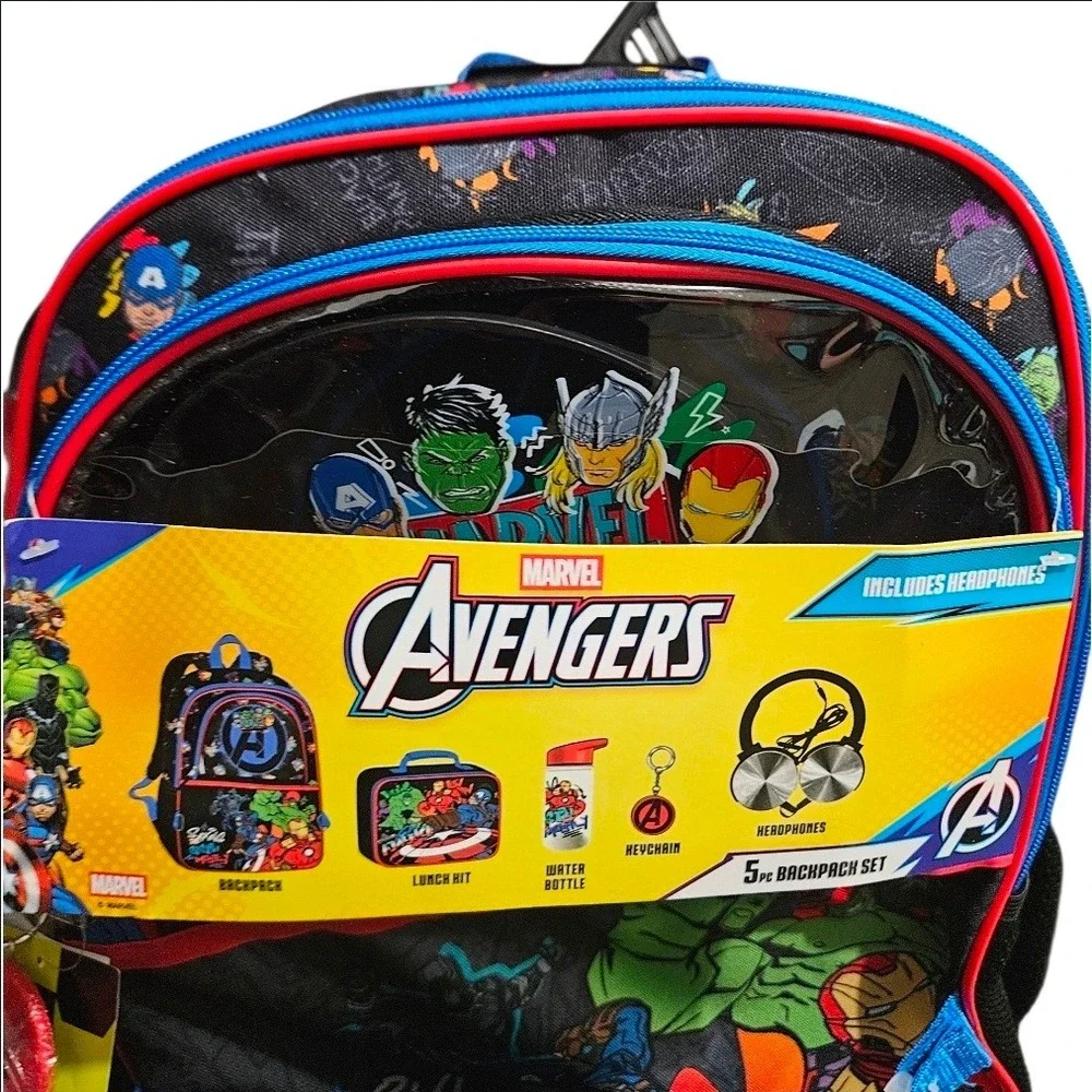 Marvel Avengers 5pc Backpack Set 17 Inch Bag Lunch Kit Headphones Water Bottle